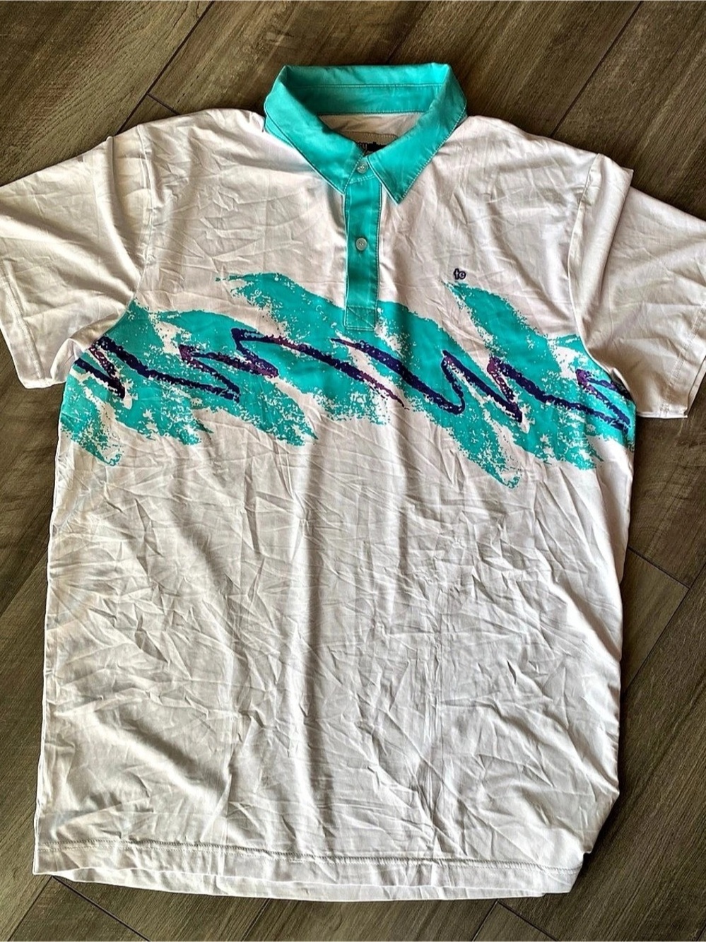 tipsyelves Men's Abstract Polo in White & Turquoise Size Large